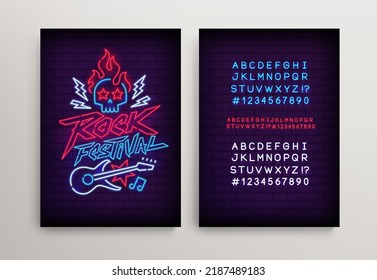 Rock Festival Neon signboard with guitar and type font - editable vector poster. Neon tube letters design for Rock Music gesture sign. Neon font. Rock n Roll Party in retro 80s - 90s style lettering