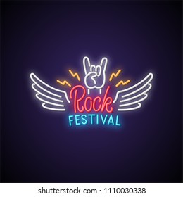 Rock festival neon signboard. Vector illustration.