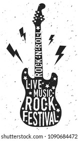 Rock festival poster. Black silhouette of Electric guitar with stars and lightnings isolated on a white background. Vintage poster. Vector illustration