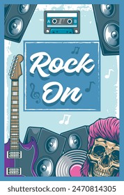 Rock Festival poster design template with electric guitar, amplifier, speaker, and skull in vector style illustration