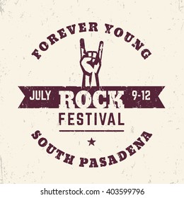 rock festival poster design, t-shirt print with hand-horn, popular rock-concert gesture, vector illustration