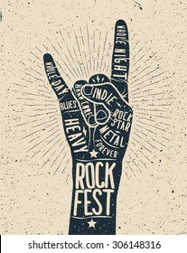 Rock Festival poster, flyer. Rock and roll hand sign.