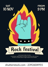 Rock festival poster. Invitational postcard design. Blue hand in fire. Love for music, grunge and alternative style. Passion and energy. Cartoon flat vector illustration isolated on black background