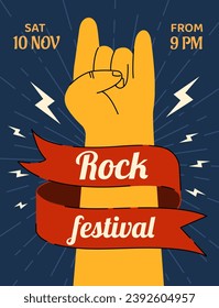 Rock festival poster. minimalistic creativity and art. Love for music and energy. Yellow hand with red ribbon. Alternative and grunge style songs. Cartoon flat vector illustration