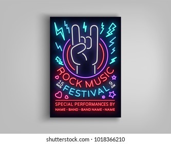 Rock festival poster in neon style. Neon sign, an invitation to the concert brochure on roknrol music, bright light banner, flyer for festivals, parties and concerts. Vector illustration