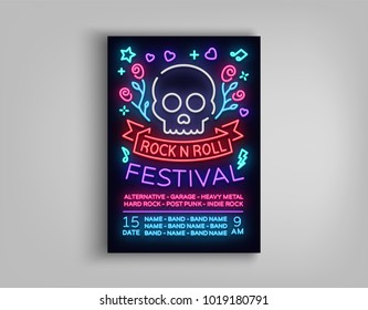 Rock festival poster in neon style. Neon sign, an invitation to the concert brochure on roknrol music, bright light banner, flyer for festivals, parties and concerts. Vector illustration