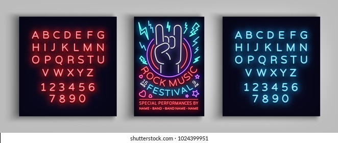 Rock festival poster in neon style. Neon sign, invitation to the concert brochure on roknroll music, bright banner, flyer for festivals, parties, concerts. Vector illustration. Editing text neon sign