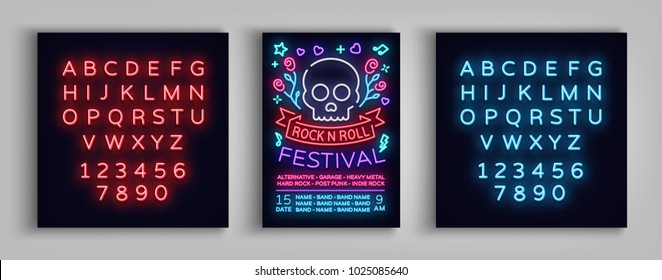 Rock festival poster in neon style. Neon sign, invitation to the concert brochure on roknroll music, bright banner, flyer for festivals, parties, concerts. Vector illustration. Editing text neon sign