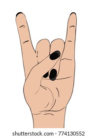 Rock festival poster. Rock-n-roll  hand gesture. Heavy metal sign. Template for slogan, poster, flyers, banner and etc. Vector illustration isolated on white background.