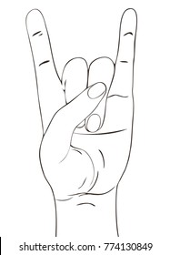 Rock festival poster. Rock-n-roll  hand gesture. Heavy metal sign. Template for slogan, poster, flyers, banner and etc. Vector illustration isolated on white background.