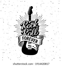 Rock festival poster  Rock   Roll forever lettering and guitar   ribbon  Slogan graphic for t shirt tattoo  Vector illustration