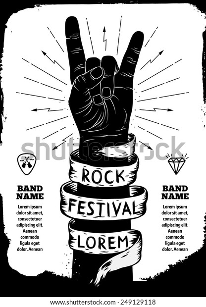 Rock festival
poster. Rock and Roll hand
sign