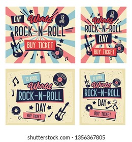 Rock Festival Poster Set. World Rock-n-Roll Day Banner with Guitar for Flyer, Brochure, Cover. Live Music Concert Design Template. Vector flat illustration