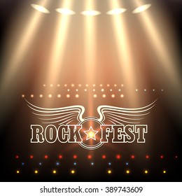 Rock Festival Poster Template. Stage in spotlights and wording Rock Fest decorated by wings and star. Free font used.