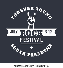 rock festival poster template, t-shirt design, print with hand-horn, popular rock-concert gesture, vector illustration