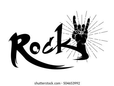 Rock festival poster, Vector hand draw styled illustration. Rock and Roll hand sign. Icon rock on white background.