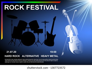 Rock Festival poster. Violin with bow illuminated by white light, the silhouette of the drum set and electric guitar. Realistic vector illustration