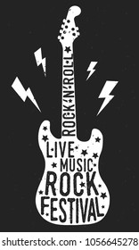 Rock festival poster. White silhouette of Electric guitar with stars and lightnings isolated on a black background. Vintage poster with grunge texture. Vector illustration