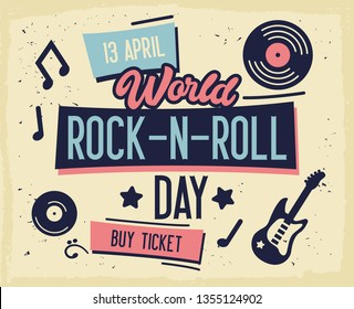 Rock Festival Poster. World Rock-n-Roll Day Banner with Guitar for Flyer, Brochure, Cover. Live Music Concert Design Template. Vector flat illustration