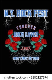 Rock Festival print, poster with texts and rose flowers, fashion print for t shirt and other uses.