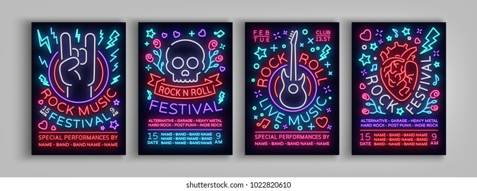 Rock Festival Set Of Posters In Neon Style. Collection Neon Sign, An Invitation To The Concert Brochure On Roknrol Music, Bright Banner, Flyer For Festivals, Parties And Concerts. Vector Illustration