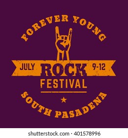 rock festival, t-shirt print, design with hand-horn, popular rock-concert gesture, vector illustration