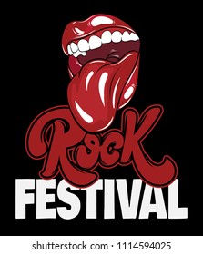 Rock festival. Vector hand drawn lettering. Hand drawn illustration of open mouth with tongue. Template for card, poster. banner, print for t-shirt, pin, badge, patch.