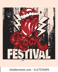 Rock festival. Vector hand drawn lettering. Hand drawn illustration of open mouth with tongue. Template for card, poster. banner, print for t-shirt, pin, badge, patch.
