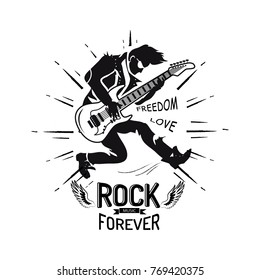 Rock forever freedom and love, guitarist playing electric guitar, icon decorated with lines and wings vector illustration isolated on white