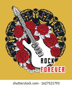 Rock forever. Guitar, red roses on ornate mandala background. Design concept for banner, card, sticker, t-shirt, print, tattoo, poster. Vector illustration