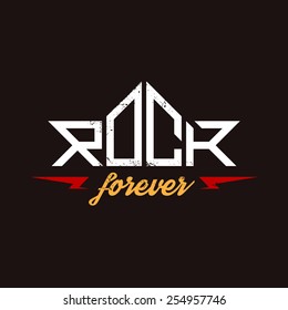 Rock Forever - original lettering with lightnings and grunge effect, vector illustration.
