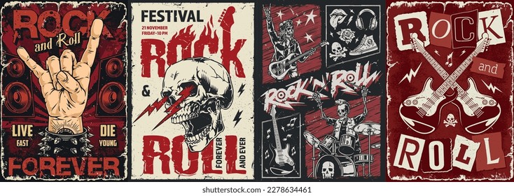 Rock forever set colorful flyers with rocker gesture or skeletons with words rock and roll grunge style vector illustration