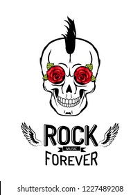 Rock forever skull with roses blossom. Monochrome sketch of wings with ribbon. Human head bone with floral elements isolated on vector illustration
