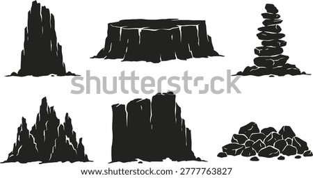 Rock formation silhouette icon set featuring cliffs stone piles boulders canyon rocks and natural landscape elements Foto d'archivio © 