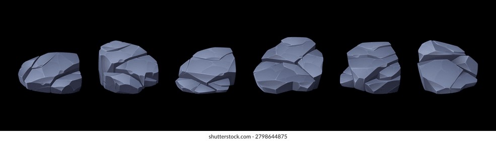 Rock formations and stone boulders in cartoon vector style. Mountain illustration with isolated pile of rocks for game design. Textured blocks and rubble icons on clean background for UI elements.
