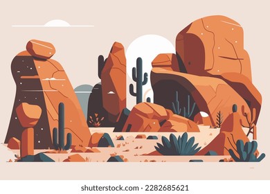 Rock formations with unique shapes and textures.Vector illustration in flat style. Cartoon desert mountains and sandstone rocks.