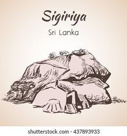 Rock fortress Sigiriya, Sri Lanka. Isolated on white background