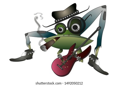 Rock frog with guitar and blue jeans smoking sigar. Cartoon character. Vector illustration