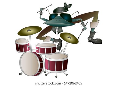 Rock frog with tatoo and fashion glasses playing drums. Cartoon character. Vector illustration