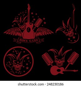 rock gang set with jester skull,wings and guitar