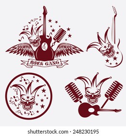 rock gang set with jester skull,wings and guitar