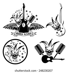 rock gang set with jester skull,wings and guitar