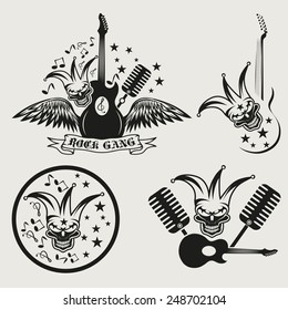 rock gang set with jester skull,wings and guitar