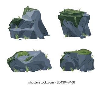 Rock Garden Wild Nature Stones With Sparse Vegetation Green Growth Moss 4 Realistic Landscape Elements Vector Illustration