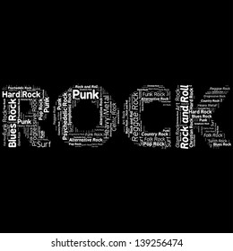 Rock Genres, tag cloud with the word of rock on black background 