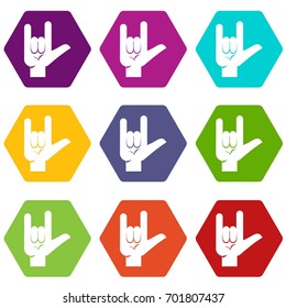 Rock gesture icon set many color hexahedron isolated on white vector illustration