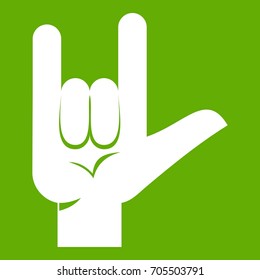 Rock gesture icon white isolated on green background. Vector illustration