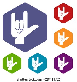 Rock gesture icons set hexagon isolated vector illustration