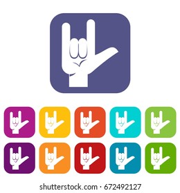 Rock gesture icons set vector illustration in flat style In colors red, blue, green and other