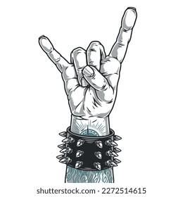 Rock gesture monochrome sticker with hand of heavy metal music fan making goat with fingers at hardcore concert vector illustration